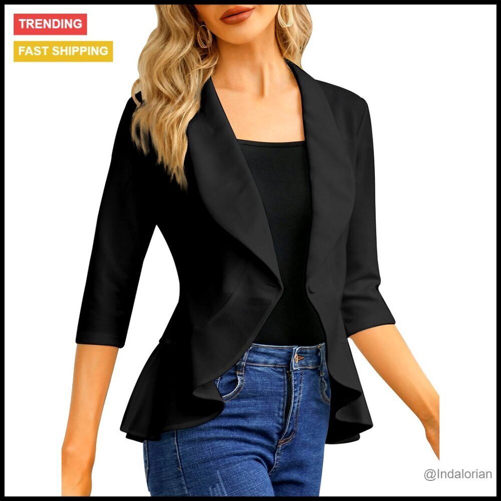 Slim Fit Blazer 3/4 Sleeve Shawl Collar Ruffle Hem Office Professional Chic